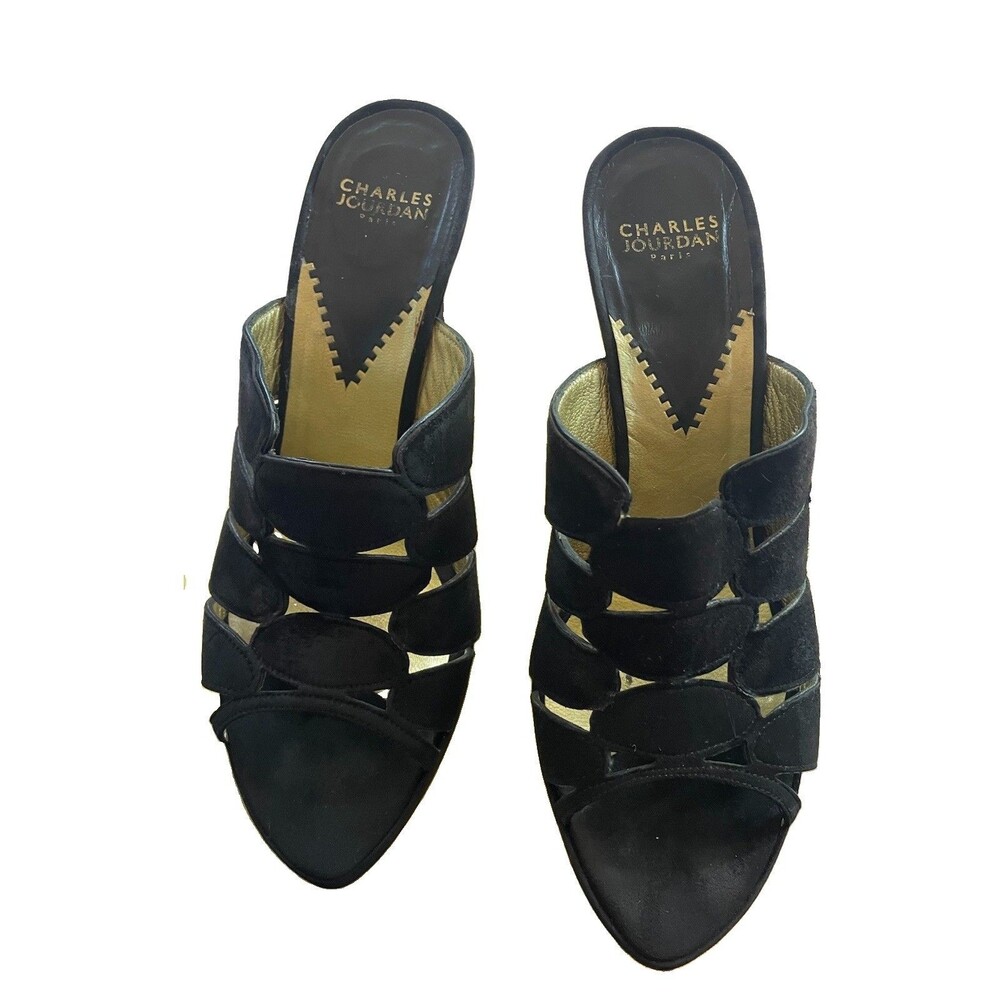 Vintage Charles Jourdan Paris Black Suede Gold Metal Wedge Sandals Size 8.5 GUC